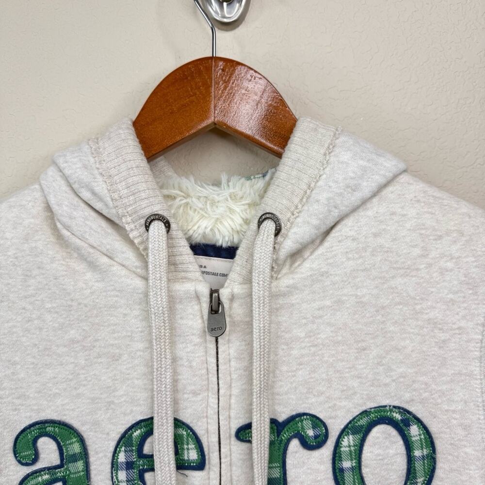 AERO Y2K Creme Hoodie Logo Sherpa Lined Full Zip Pockets Women’s Sz S - Picture 3 of 15